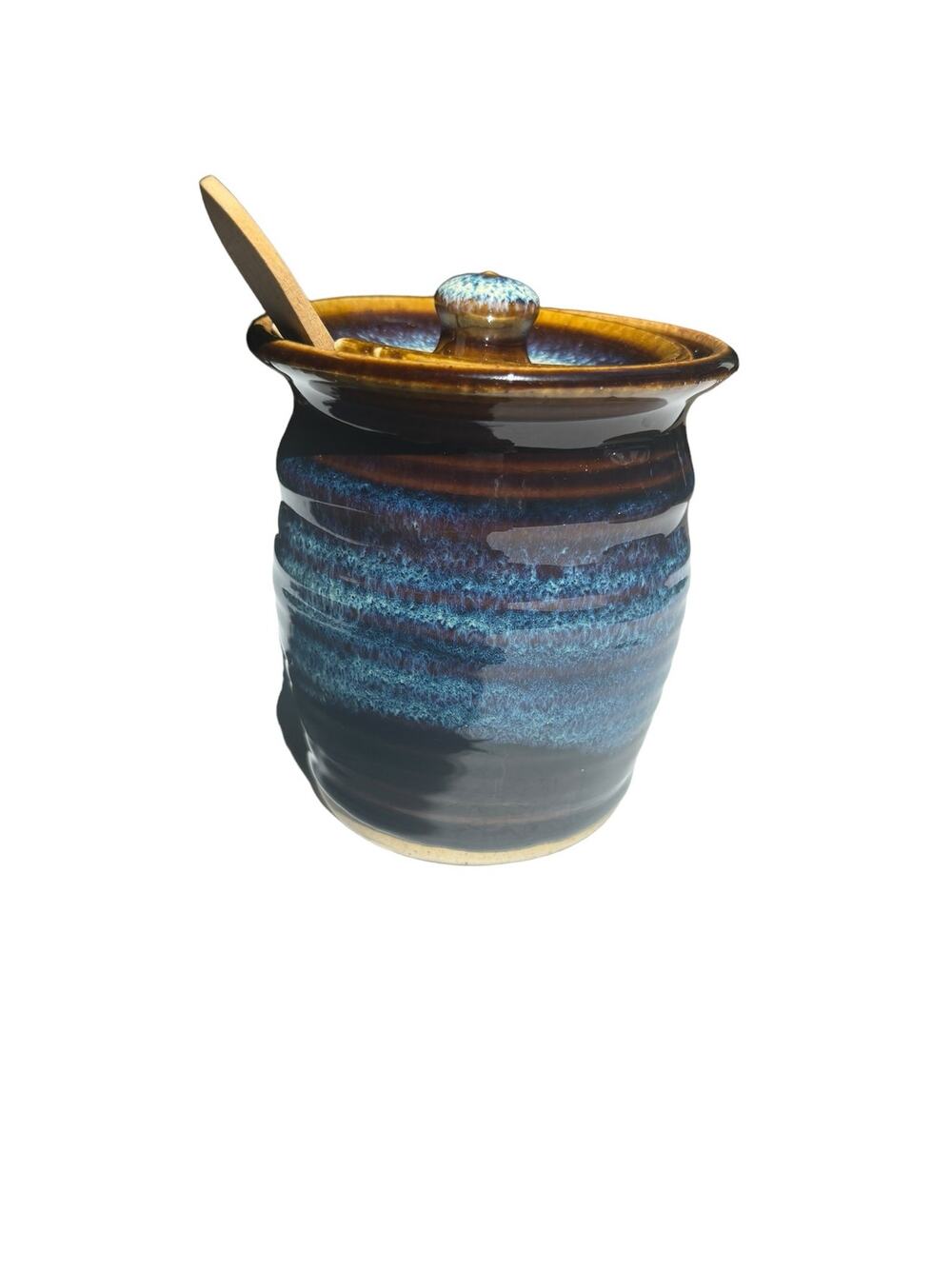 Bear Hills Pottery Handmade Honey Pot Blue With Lid & Wooden Spoon